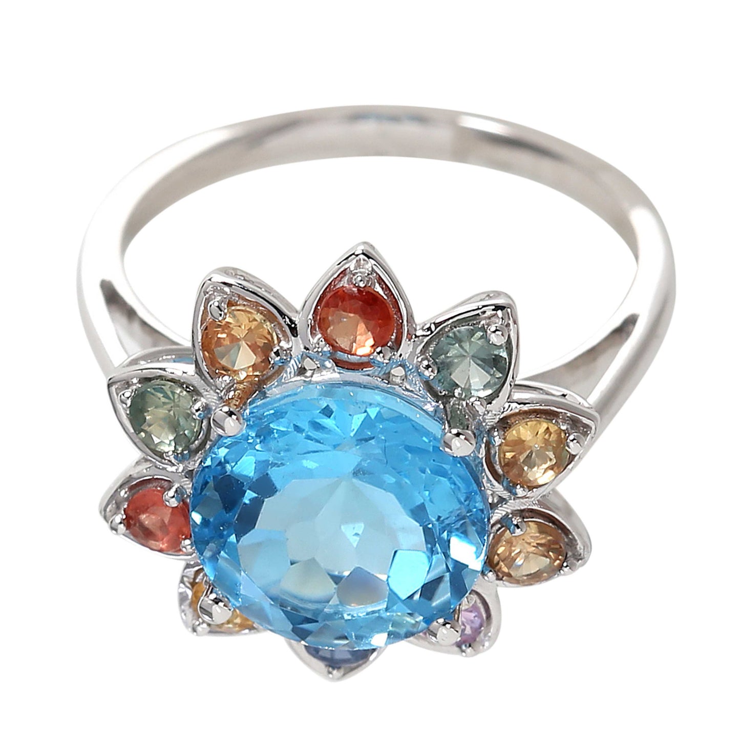14kt White Gold Swiss Blue Topaz, Multi Sapphire Ring - Pinctore