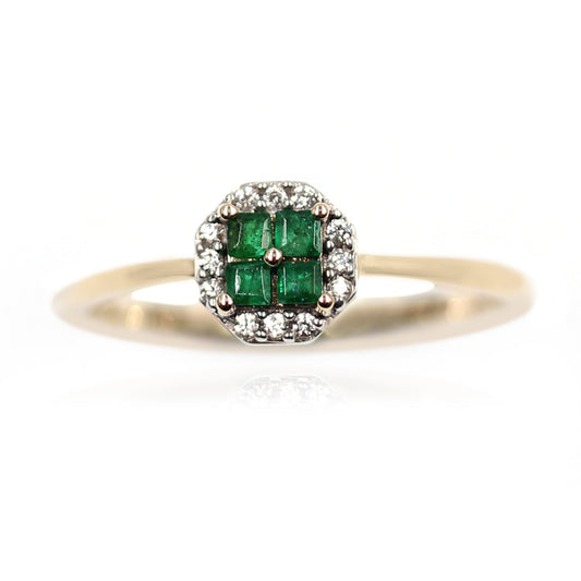 14kt Yellow Gold Emerald, White Natural Zircon Ring - Pinctore