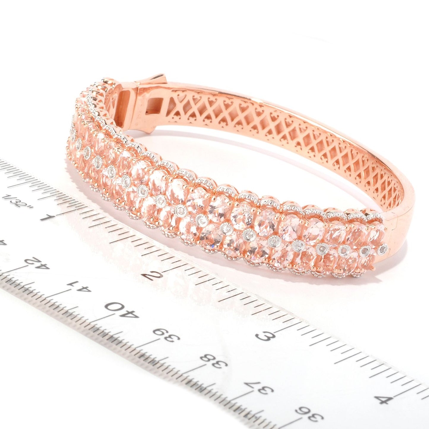 Pinctore 18K Gold Vermeil 146ctw Morganite & White Zircon Hinged Bangle Bracelet - pinctore