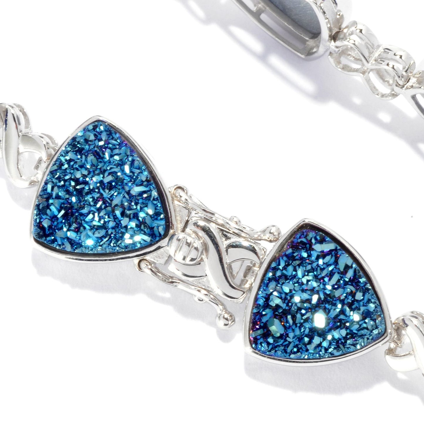 Pinctore Sterling Silver 21.96ctw Blue Drusy 9mm Trillion Link Bracelet