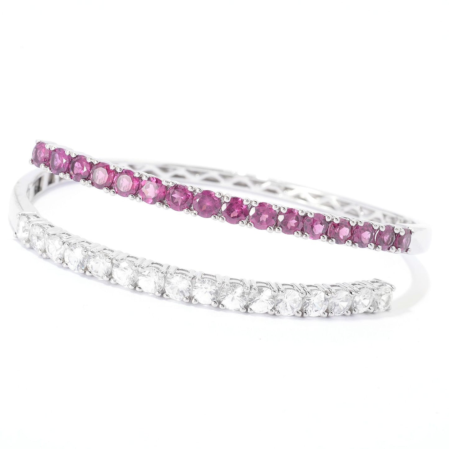 Pinctore Sterling Silver 10ctw Rhodolite & White Zircon Double Hinge Bracelet - pinctore