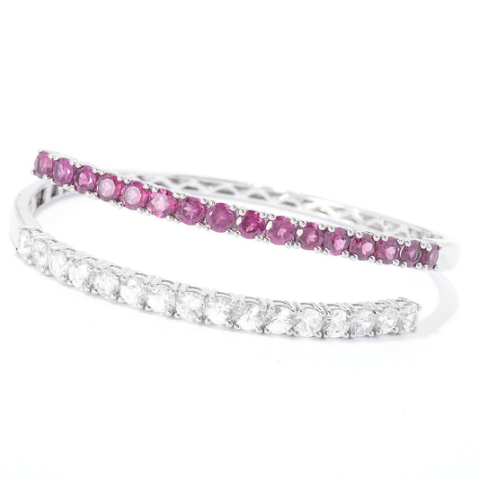 Pinctore Sterling Silver 10ctw Rhodolite & White Zircon Double Hinge Bracelet - pinctore