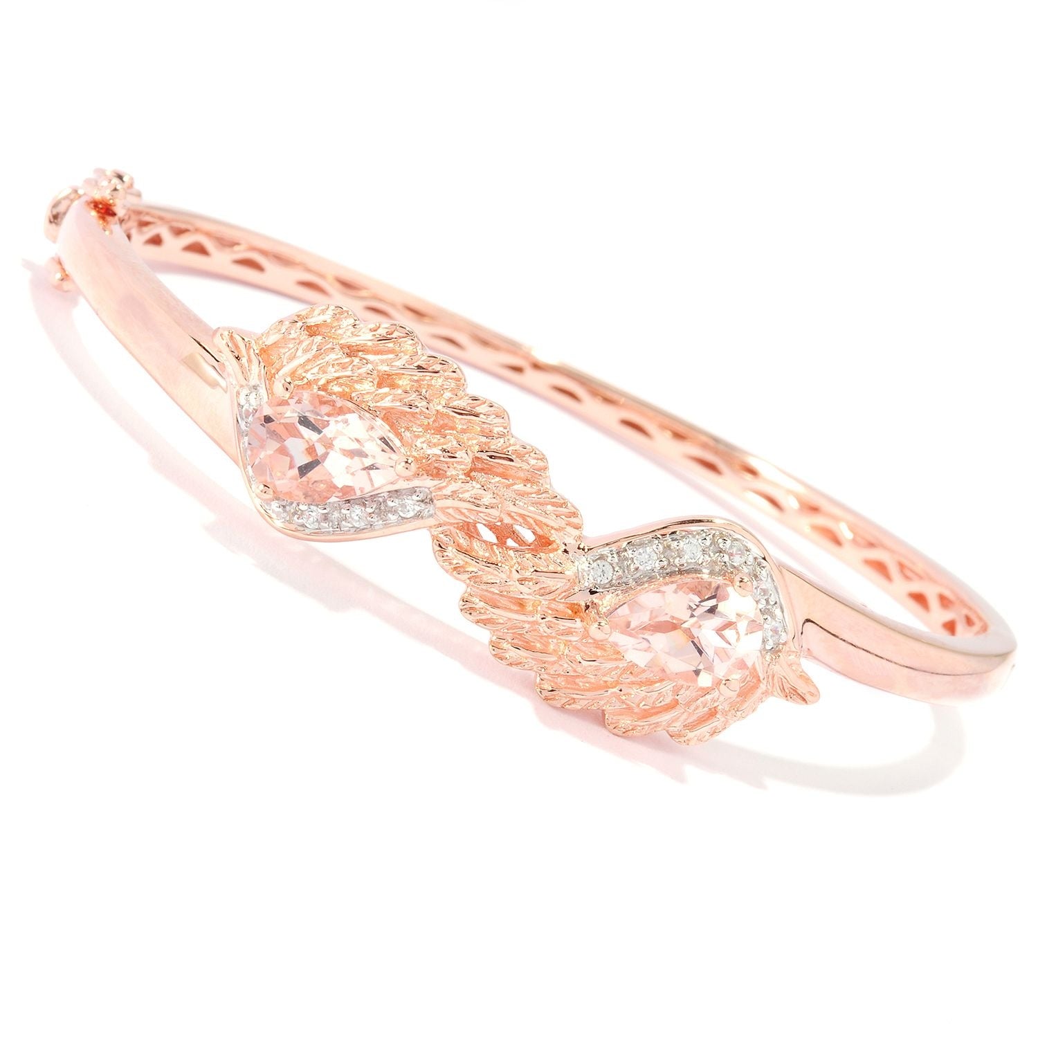 Pinctore 18k Rose Vermeil Over Sterling Silver Morganite and Cubic Zirconia Angel Wings Hinged Bangle - pinctore