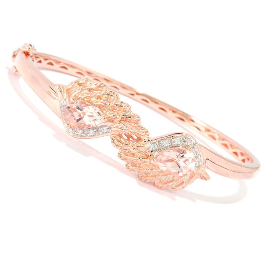 Pinctore 18k Rose Vermeil Over Sterling Silver Morganite and Cubic Zirconia Angel Wings Hinged Bangle - pinctore