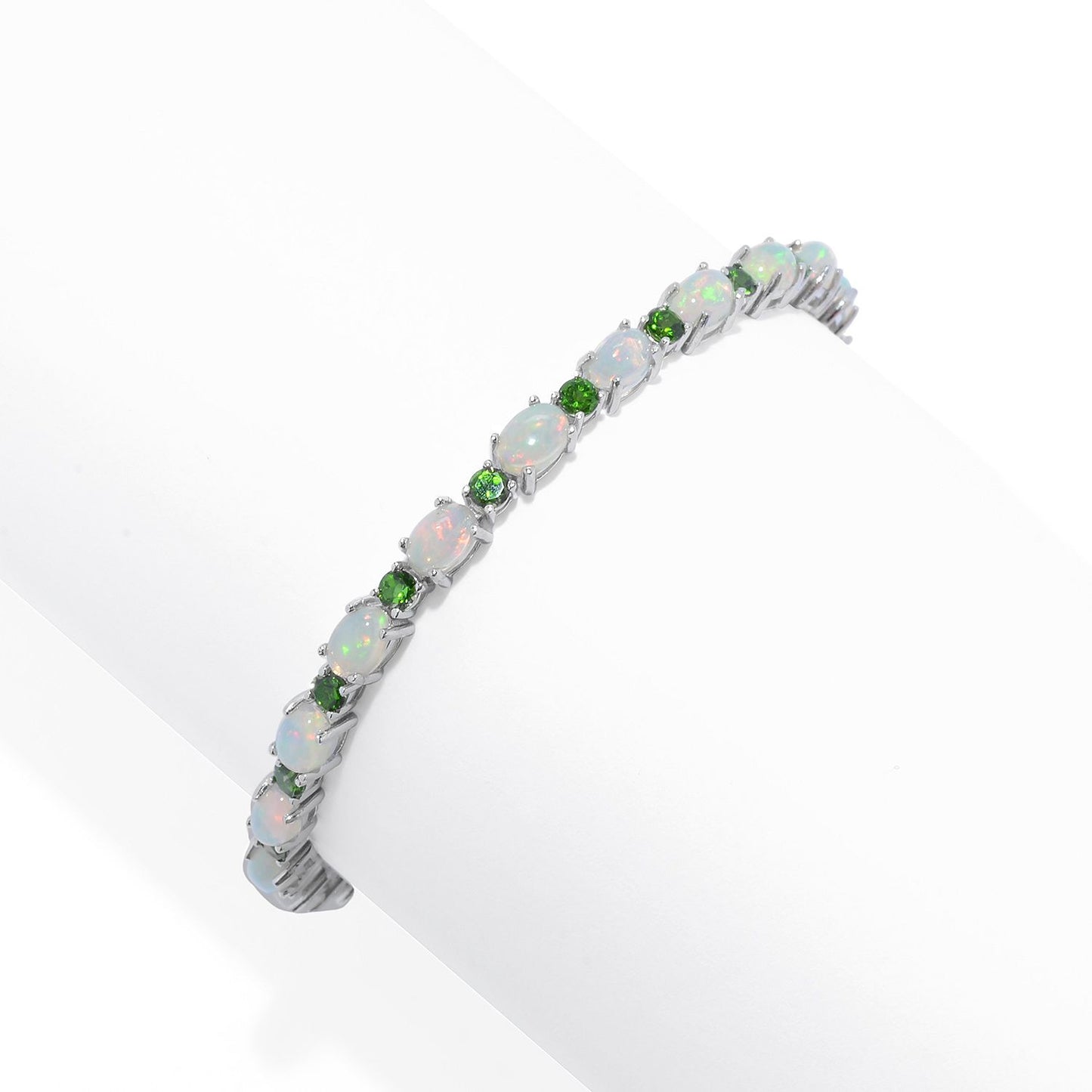 Pinctore Sterling Silver  Ethiopian Opal & Chrome Diopside Line Bracelet - pinctore