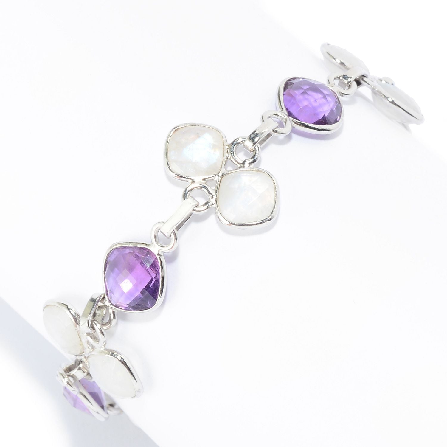 Pinctore Sterling Silver Amethyst & Rainbow Moonstone Station Bracelet, 7.25"
