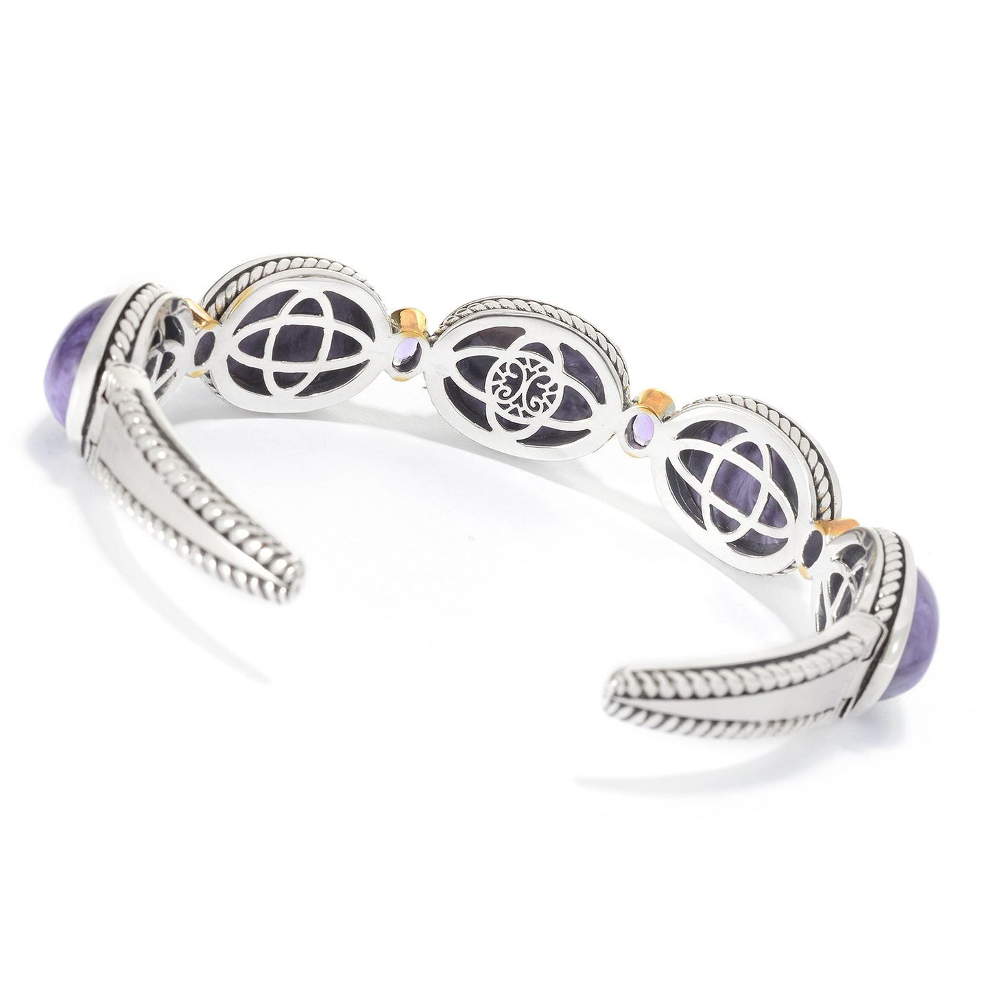 Pinctore Sterling Silver 16 x 12mm Charoite & Amethyst Cuff Bracelet