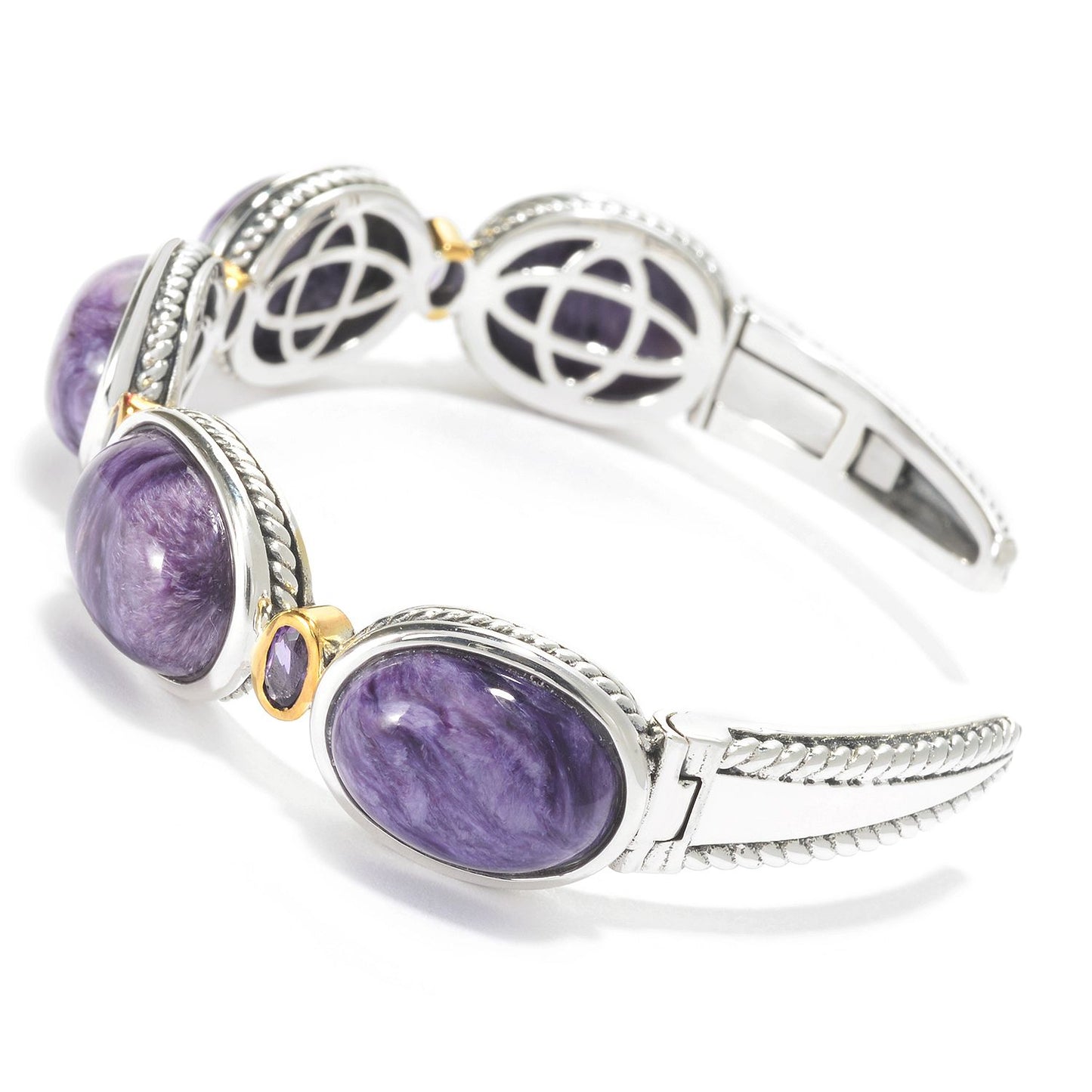 Pinctore Sterling Silver 16 x 12mm Charoite & Amethyst Cuff Bracelet