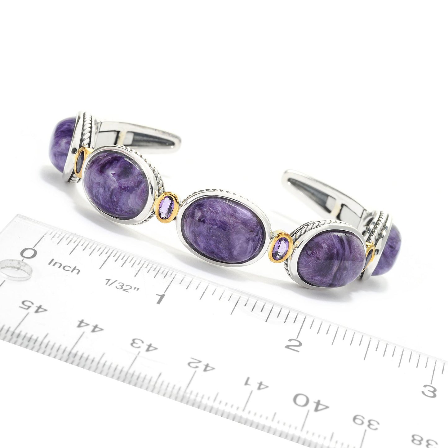 Pinctore Sterling Silver 16 x 12mm Charoite & Amethyst Cuff Bracelet