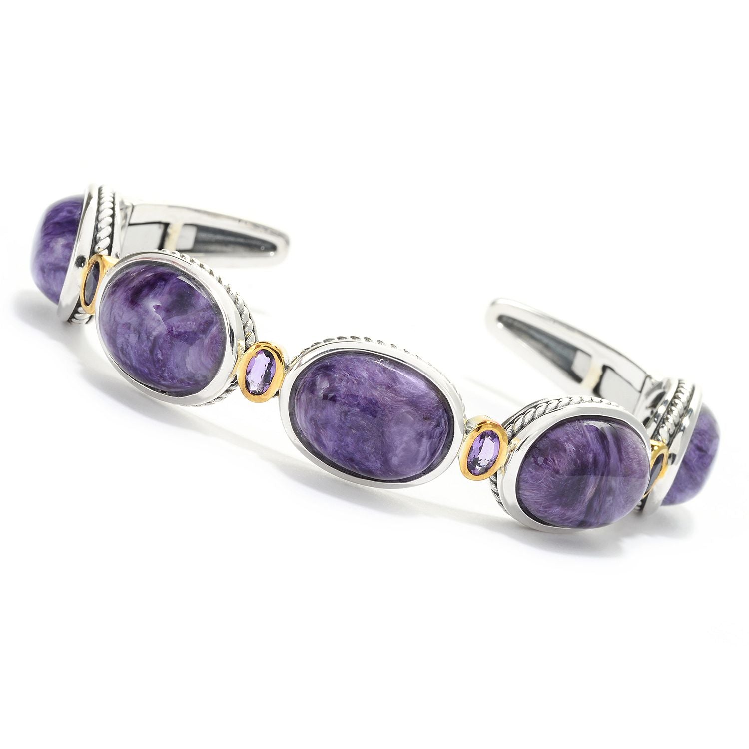 Pinctore Sterling Silver 16 x 12mm Charoite & Amethyst Cuff Bracelet - pinctore