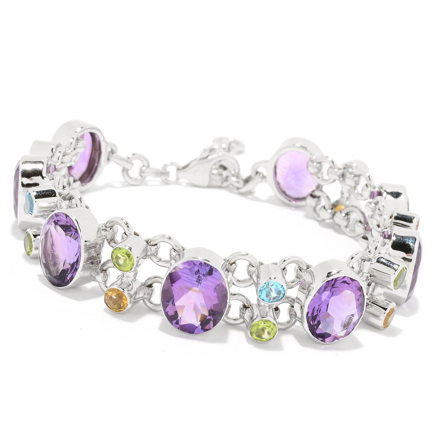 Pinctore Sterling Silver 8" 335ctw Multi Gemstone Station Bracelet - pinctore