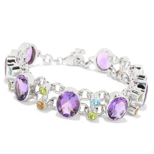 Pinctore Sterling Silver 8" 335ctw Multi Gemstone Station Bracelet - pinctore