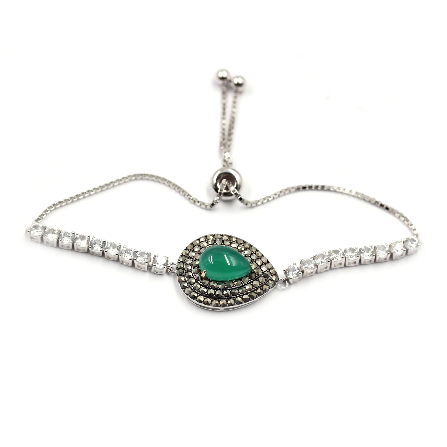 Pinctore 14K Gold & Sterling Silver with Green Agate, Marcasite Adjustable Bracelet