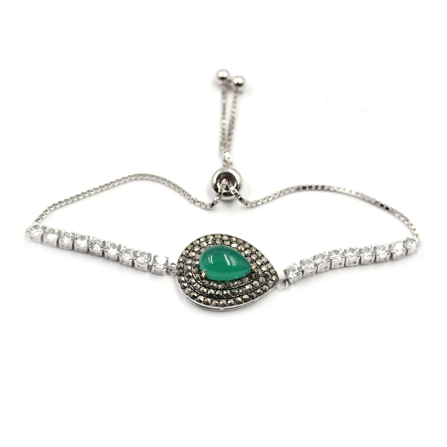 Pinctore 14K Gold & Sterling Silver with Green Agate, Marcasite Adjustable Bracelet