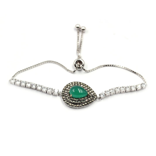 Pinctore 14K Gold & Sterling Silver with Green Agate, Marcasite Adjustable Bracelet