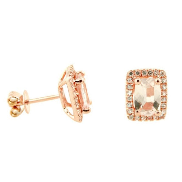 14k Rose Gold Morganite and Diamond Cut White Topaz Cushion-cut Stud Earring - Pinctore