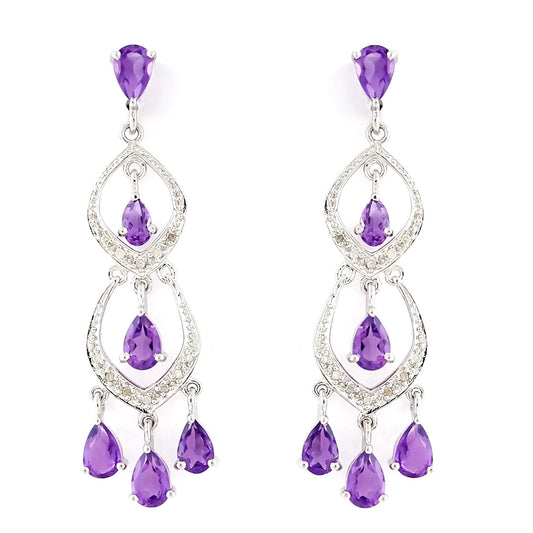 Pinctore Sterling Silver 4.00ctw African Amethyst & Diamond Chandelier Earring 1.87'L