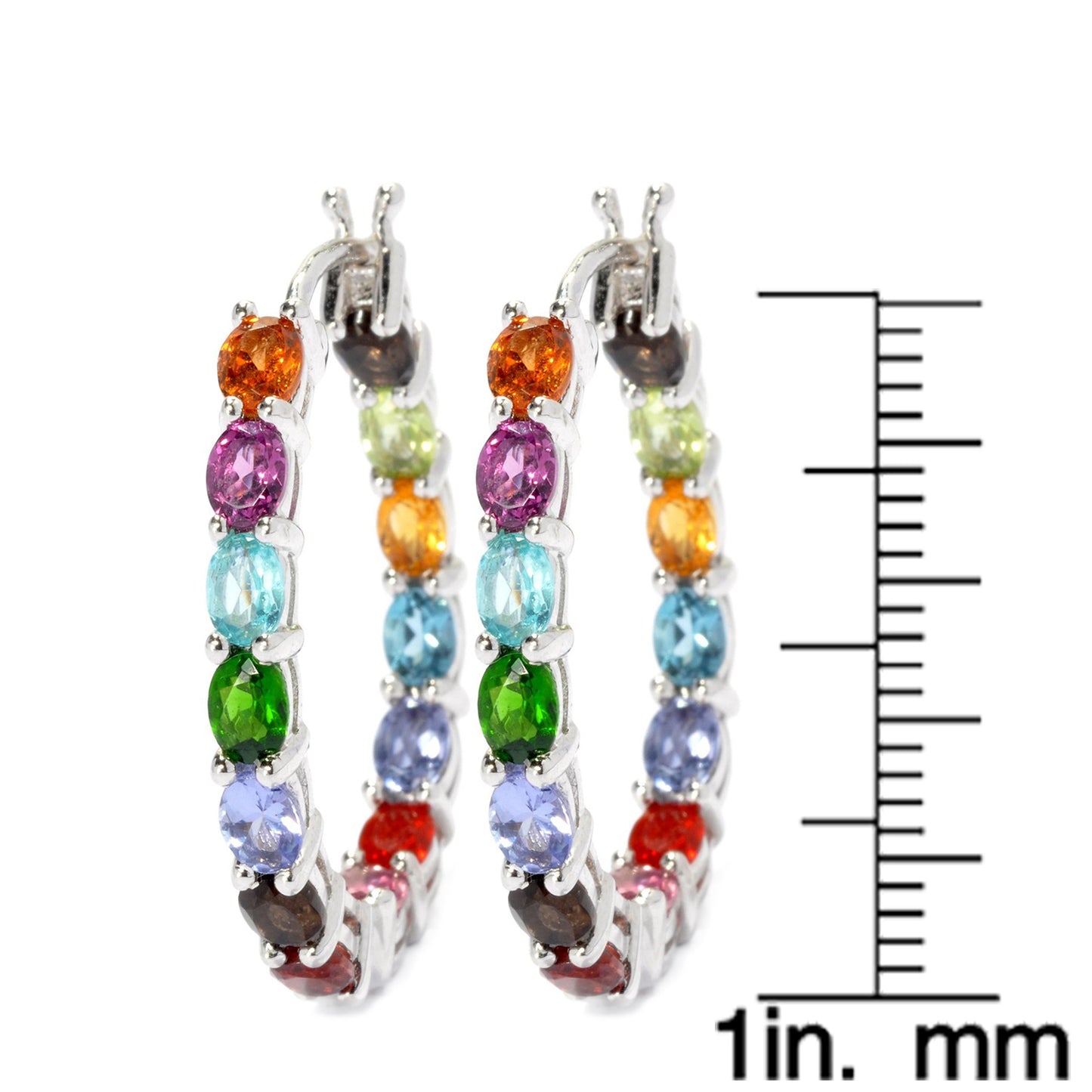 Sterling Silver Multi-Gemstone Oval Hoop Earrings, 1.25" - pinctore