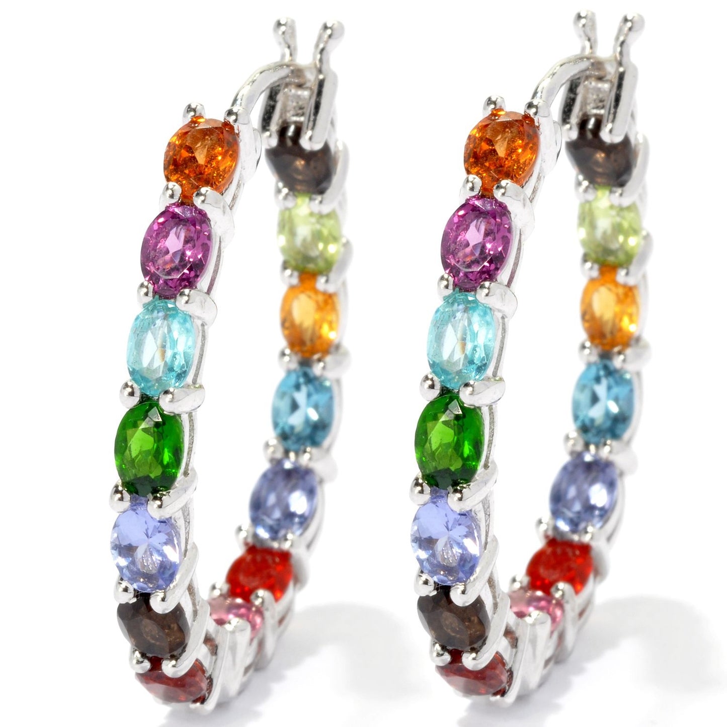 Pinctore Sterling Silver Multi-Gemstone Oval Inside-out Hoop Earrings, 1.25"L