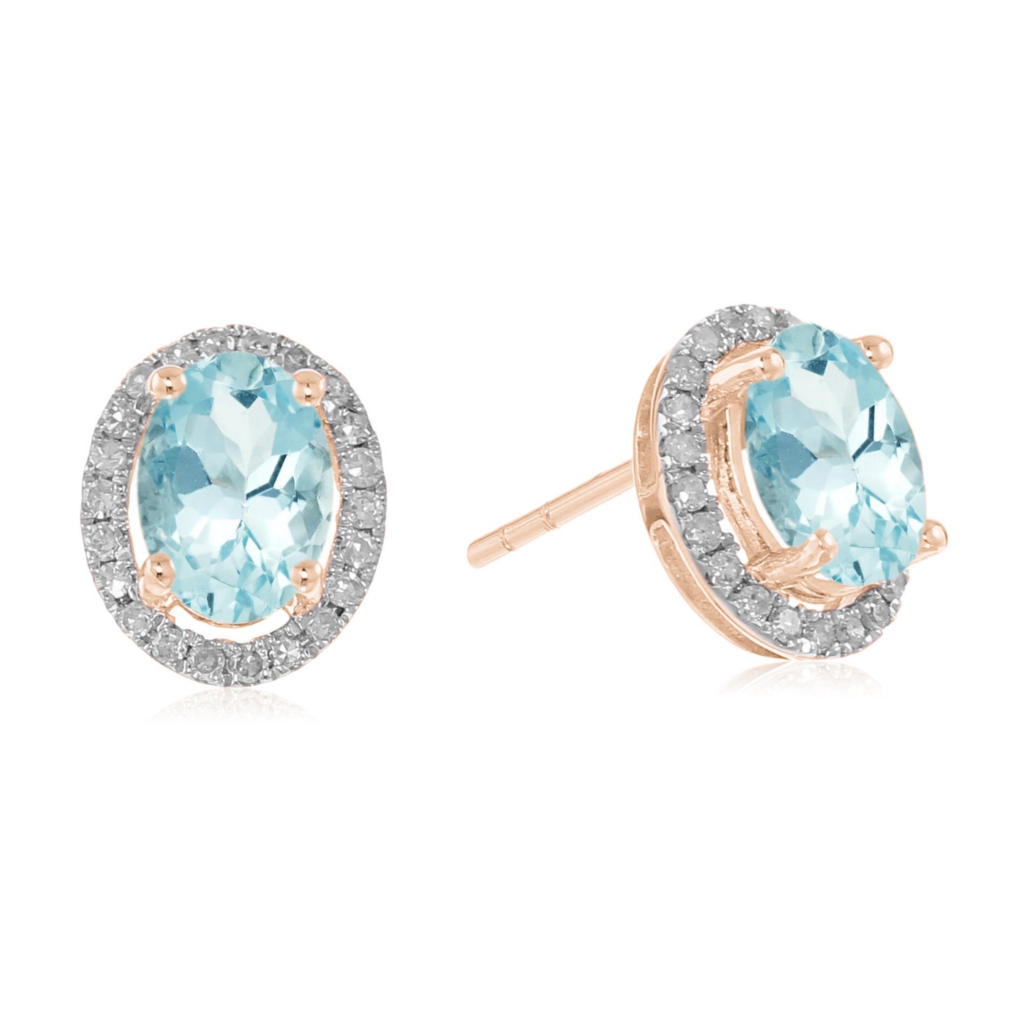 10k Rose Aquamarine And Diamond Princess Diana Oval Halo Stud Earring - Pinctore