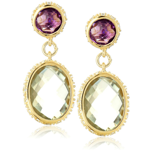 Pinctore Sterling SIlver 925 Created White Sapphire,Green Amethyst,Pink Amethyst Drop & Dengle Earring