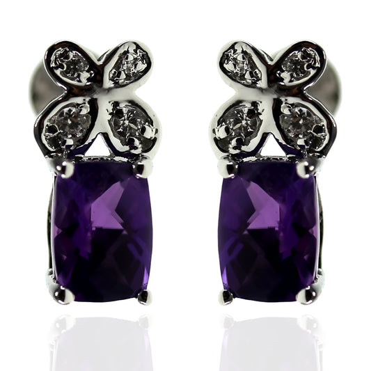 925 Sterling Silver African Amethyst,Created White Sapphire Stud Earring