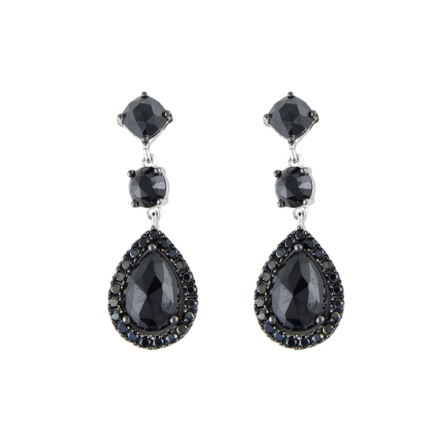 Pinctore Sterling Silver Multi-shaped Black Spinel Drop Earrings
