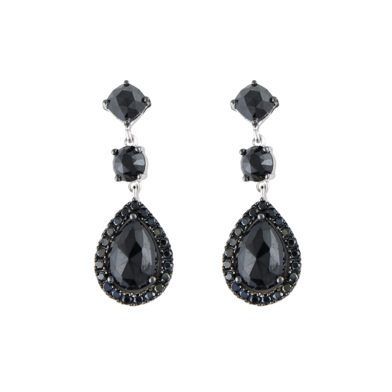 Pinctore Sterling Silver Multi-shaped Black Spinel Drop Earrings