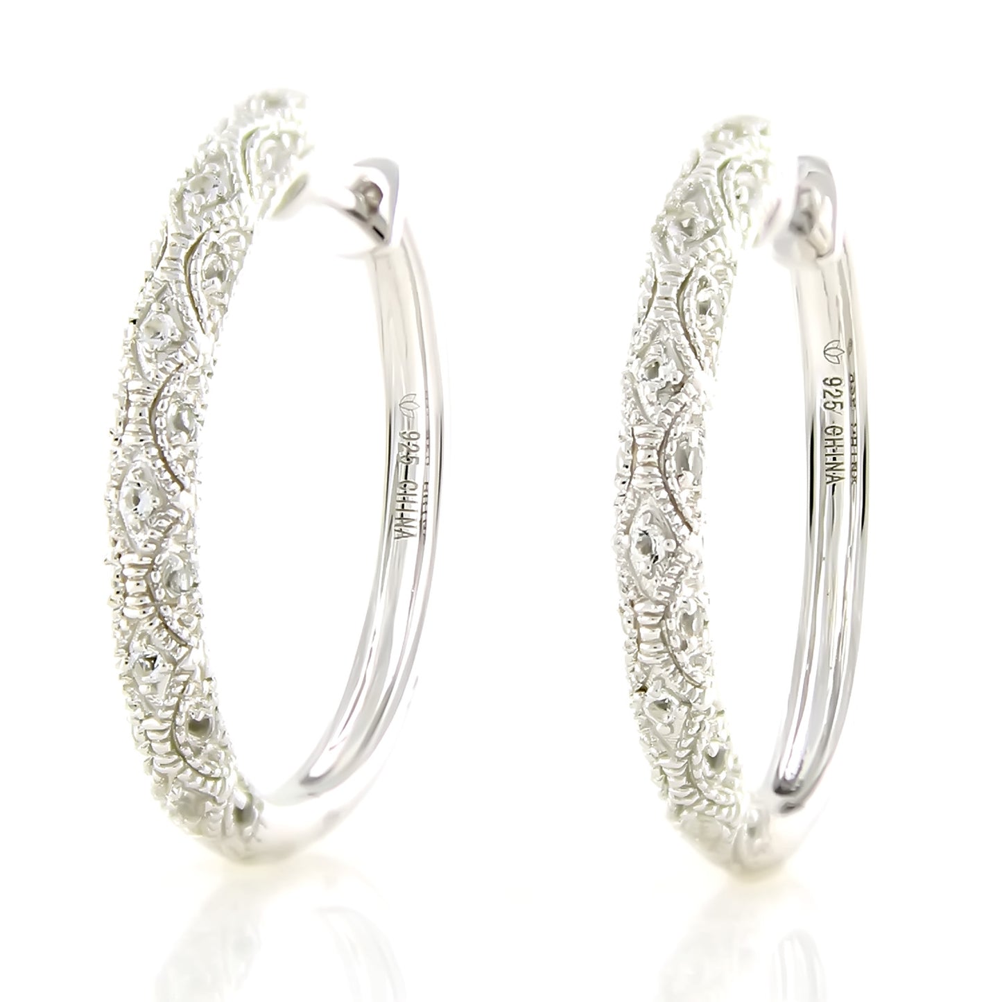 Pinctore Sterling Silver 0.68ctw White Topaz Hoops Earring 1.12'L