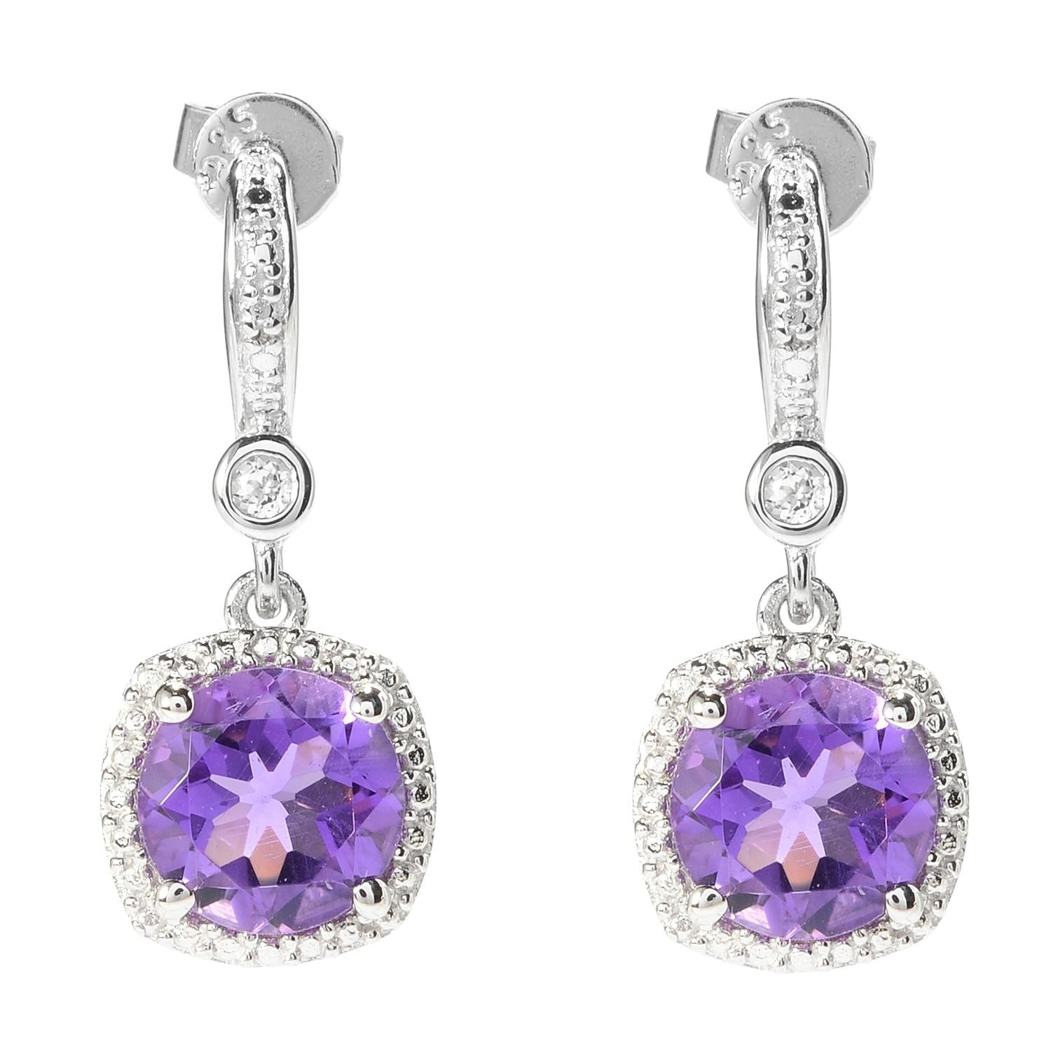Pinctore Sterling Silver 3.34ctw African Amethyst & White Topaz Drop Earrings 1'L - pinctore