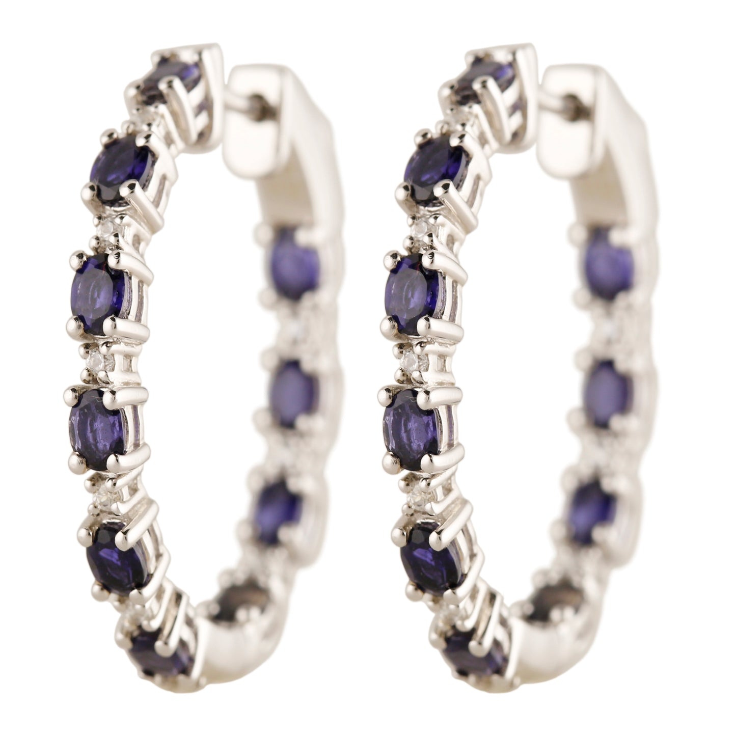 Pinctore Sterling Silver 2.87ctw Iolite & White Zircon Hoop Earrings 1.25'L - pinctore