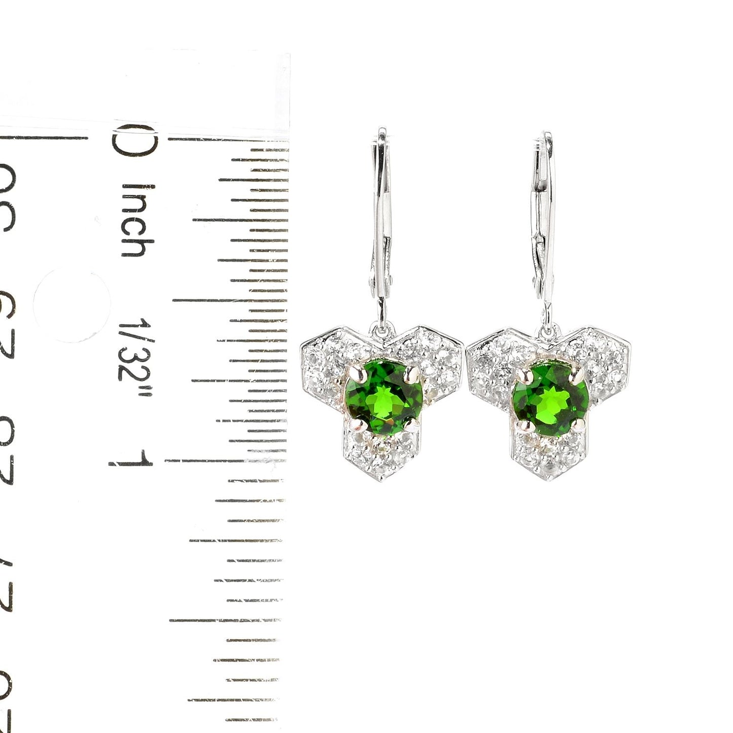 Pinctore Sterling Silver 2.17ctw Chrome Diopside, White Topaz Drop & Dangle Earrings 1'L