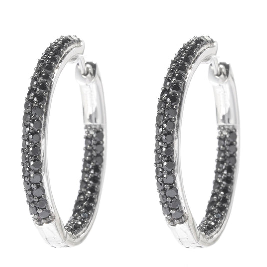 Pinctore Sterling Silver 1.25" Black Spinel Inside-out Hoop Earrings