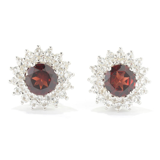Pinctore Sterling Silver 6.8ctw Red Garnet & White Topaz Studs Earrings w/Omega - pinctore