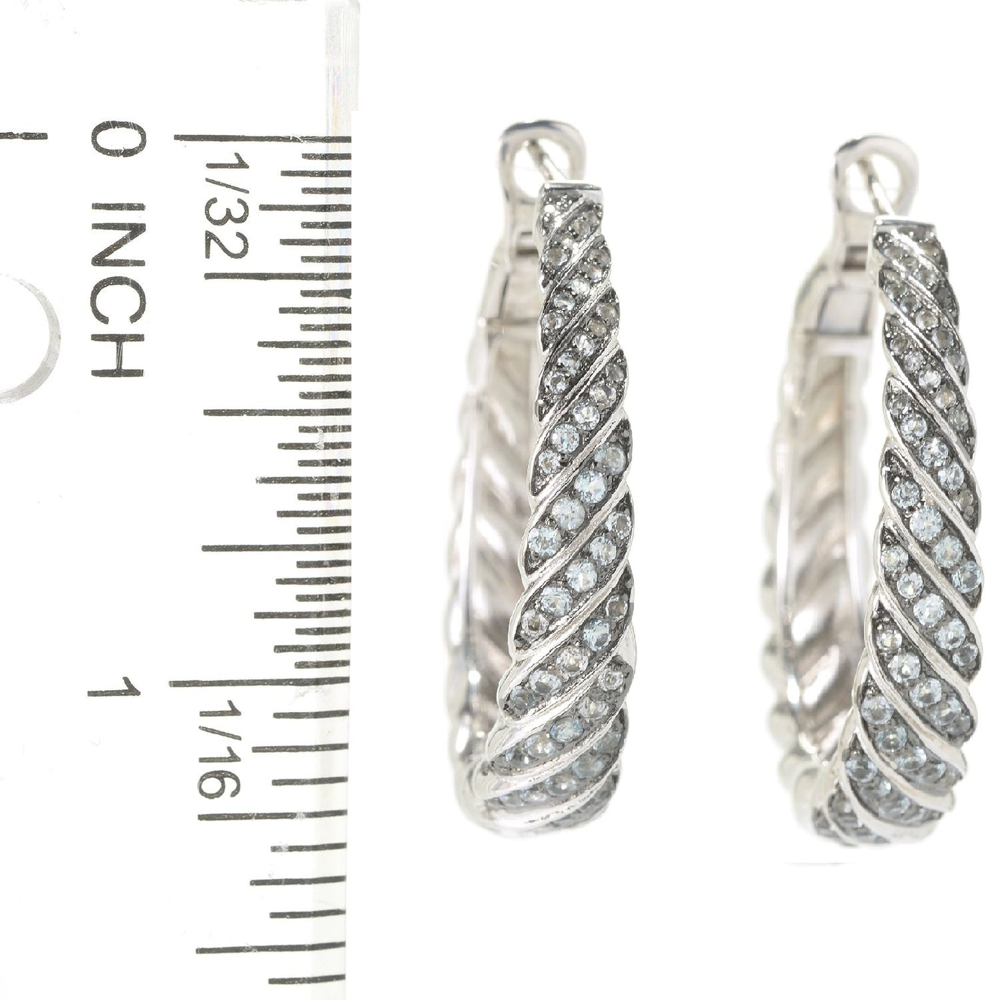 Pinctore  Sterling Silver 1.2ctw Swiss Blue Topaz Round Multi Diagonal Row Hoop Earrings 1.25'L