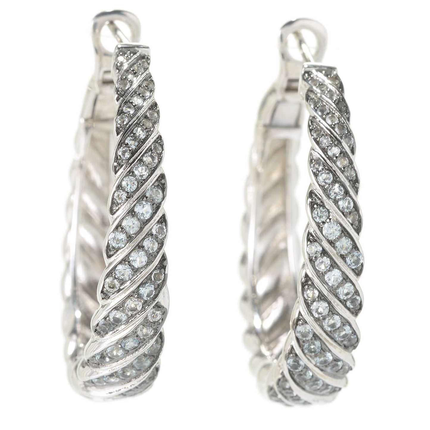 Pinctore SS/ 1.2ctw Swiss Blue Topaz Round Multi Diagonal Row Hoop Earrings 1.25'L - pinctore