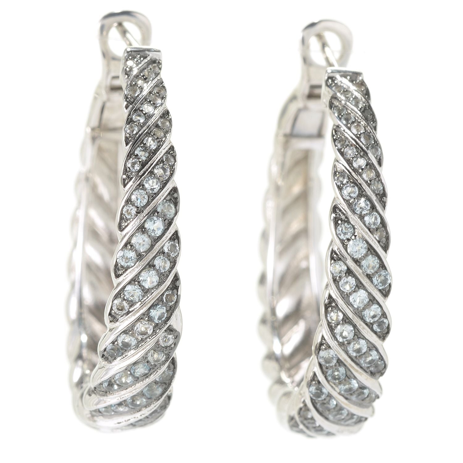 Pinctore SS/ 1.2ctw Swiss Blue Topaz Round Multi Diagonal Row Hoop Earrings 1.25'L - pinctore