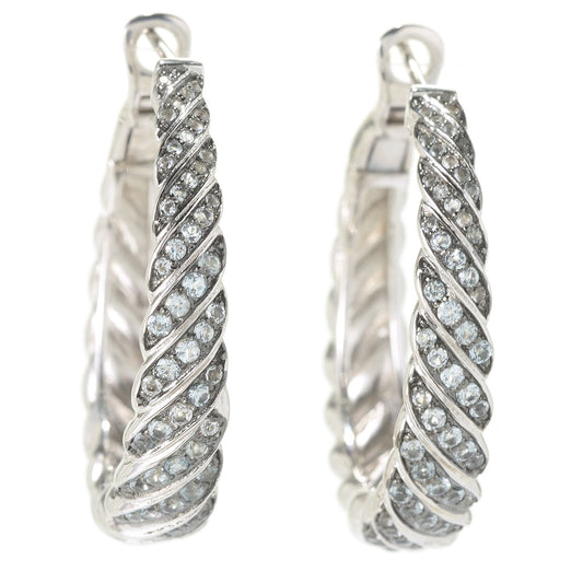 Pinctore SS/ 1.2ctw Swiss Blue Topaz Round Multi Diagonal Row Hoop Earrings 1.25'L - pinctore