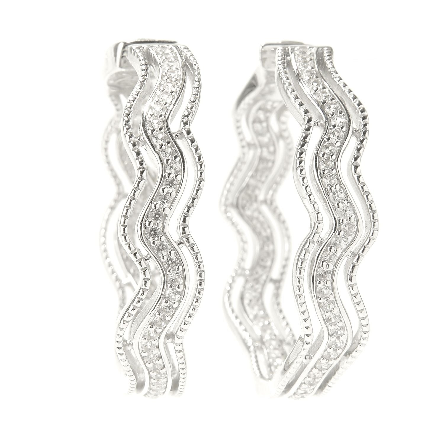 Pinctore Sterling Silver White Zircon Wave Hoop Earrings
