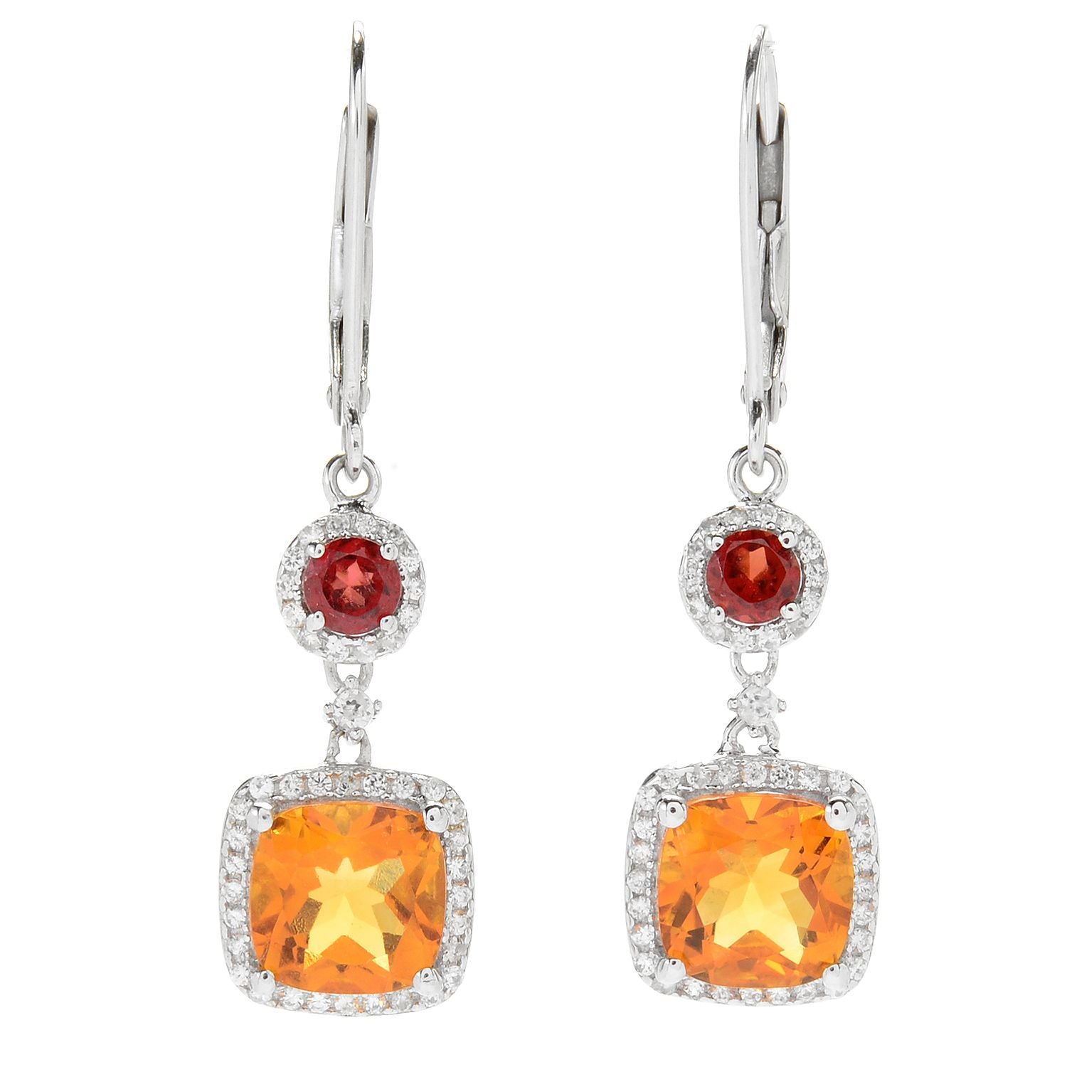Pinctore SS Two Tone Cushion Cut Leaver Back Earring Citrine/Mozambique Garnet