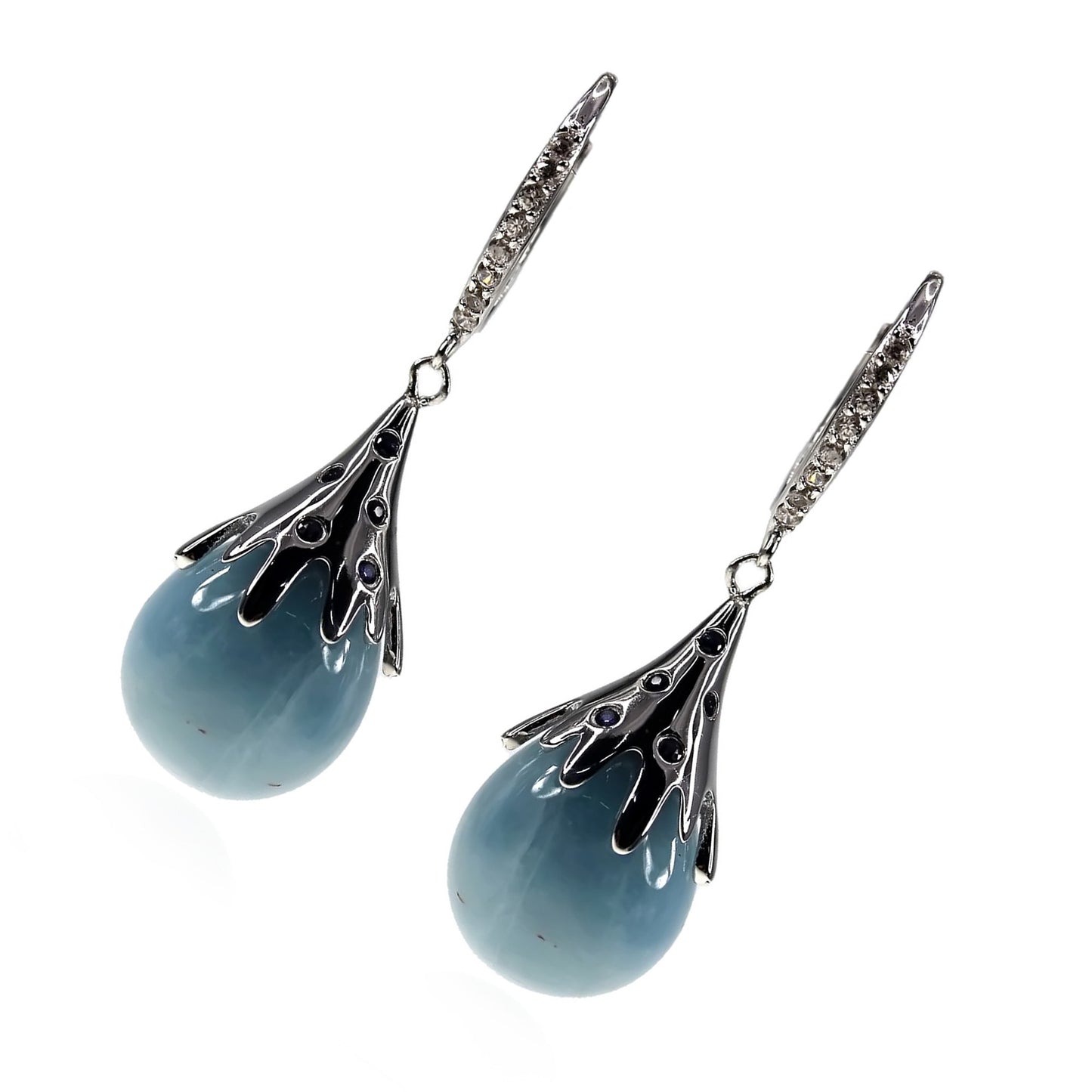 925 Sterling Silver Milky Aquamarine,  Blue Sapphire,  White Natural Zircon Earring - Pinctore