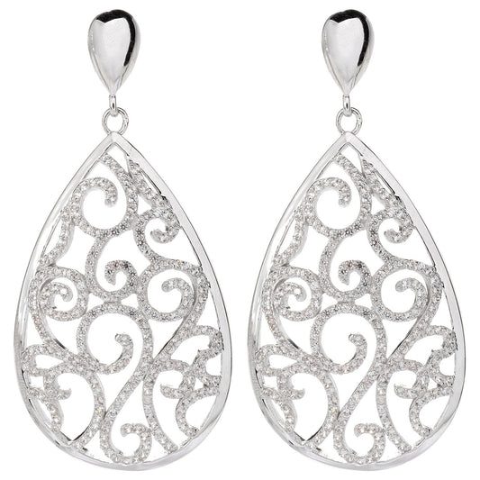 Pinctore Sterling Silver 2.3ctw White Zircon Diamond Cut Teardrop Earrings 2'L - pinctore