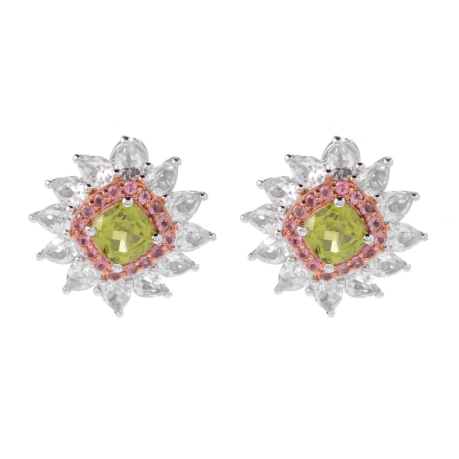 925 Sterling Silver Peridot,Pink Tourmaline,White Topaz Stud Earring
