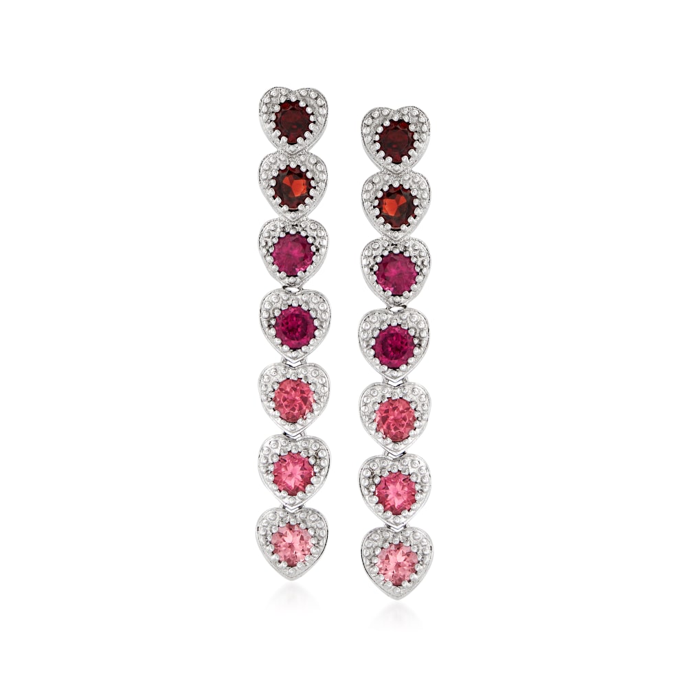 Sterling Silver 1.5" Multi Pink Tourmaline Heart Drop Earring - Pinctore