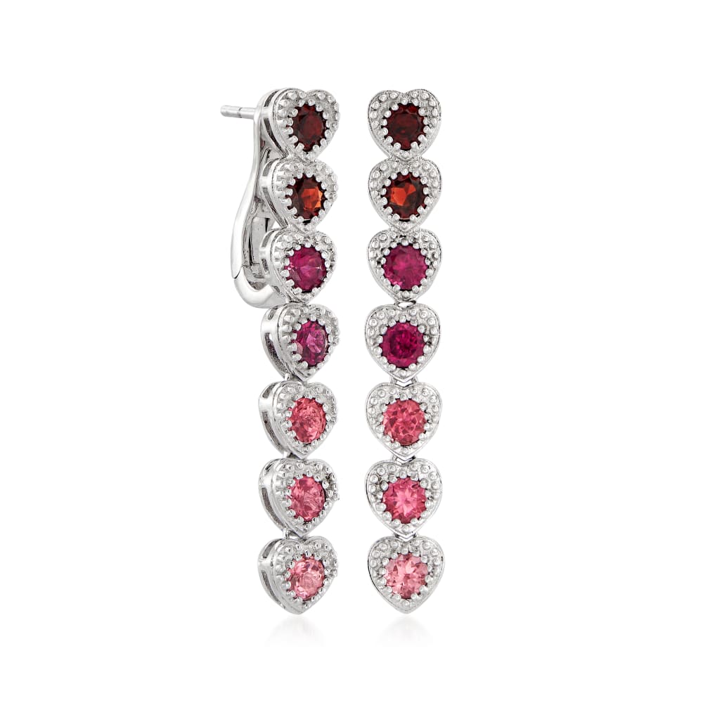 Sterling Silver 1.5" Multi Pink Tourmaline Heart Drop Earring - Pinctore