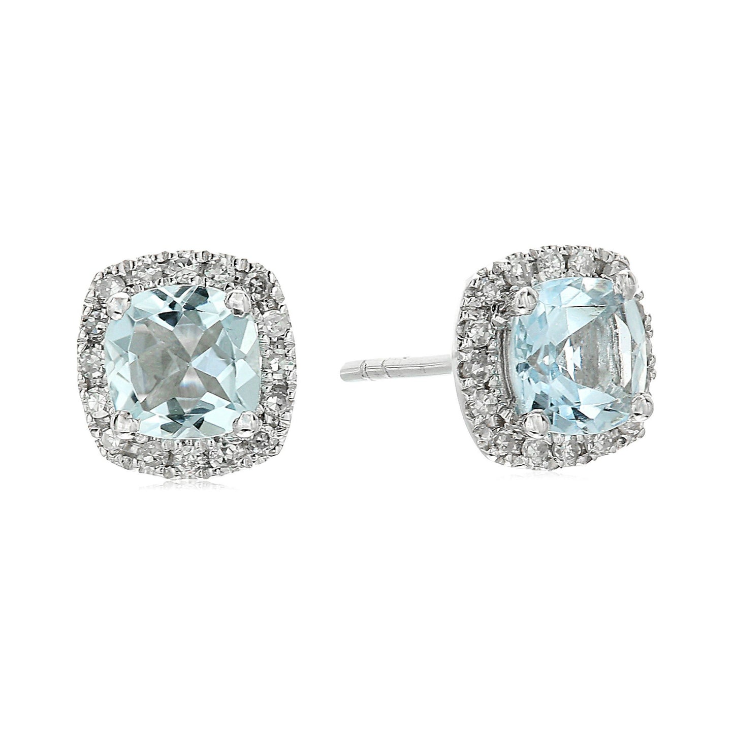 10k White Gold Aquamarine Cushion and Diamond Halo Stud Earring - Pinctore