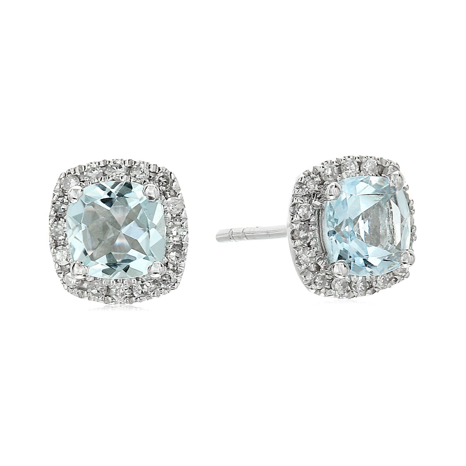 10k White Gold Aquamarine Cushion and Diamond Halo Stud Earring - Pinctore