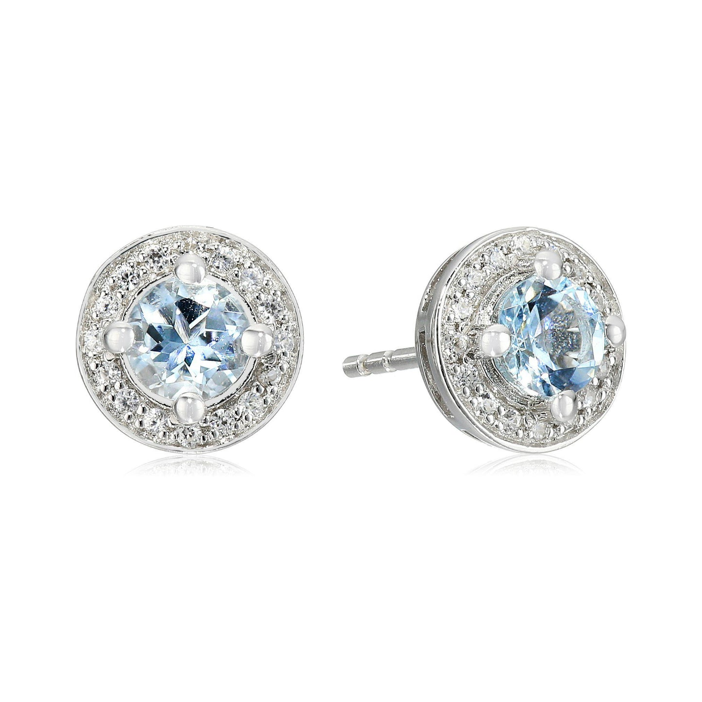 Sterling Silver Aquamarine Round Halo Stud Earrings - pinctore