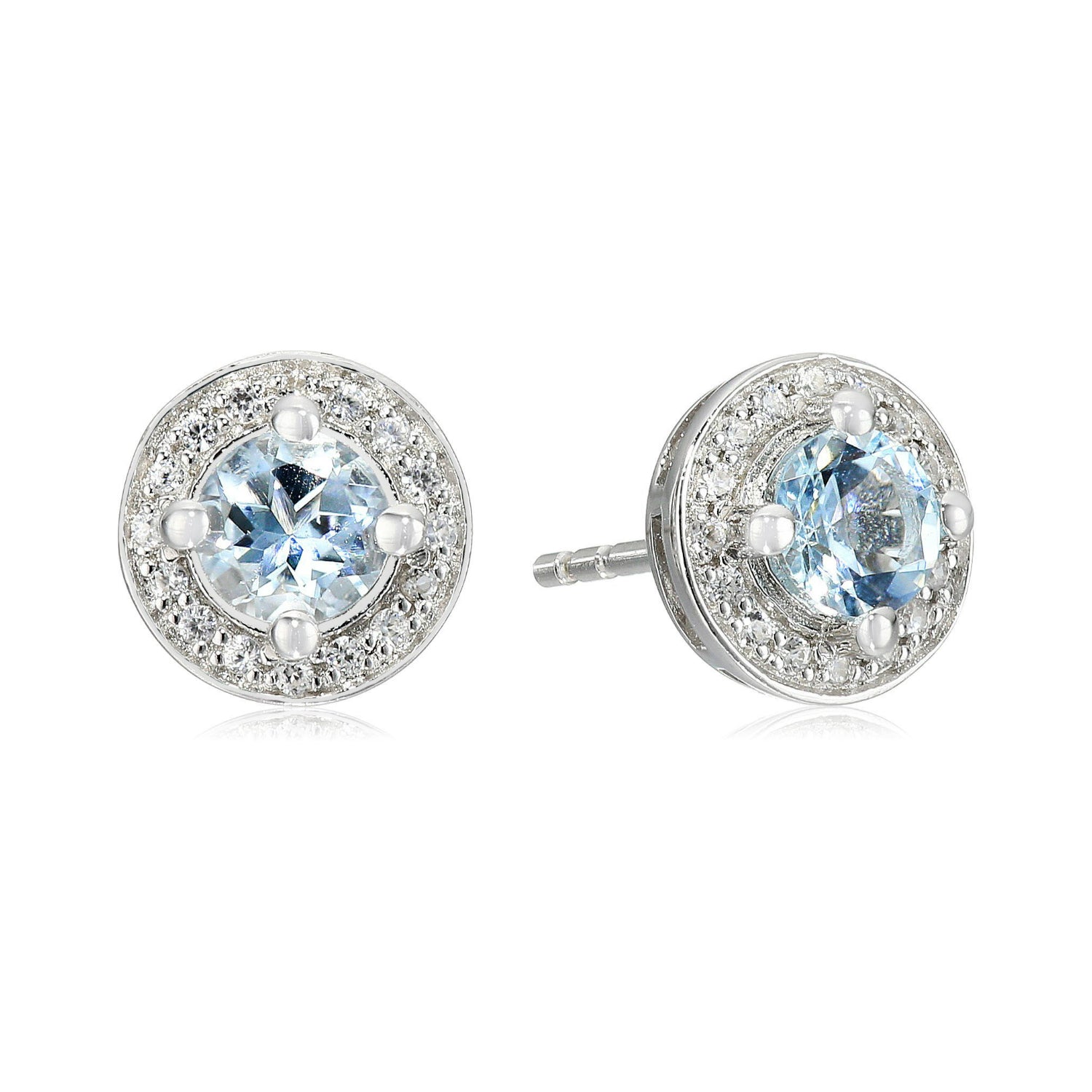 Sterling Silver Aquamarine Round Halo Stud Earrings - pinctore