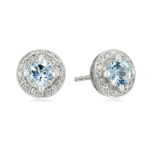 Sterling Silver Aquamarine Round Halo Stud Earrings - pinctore